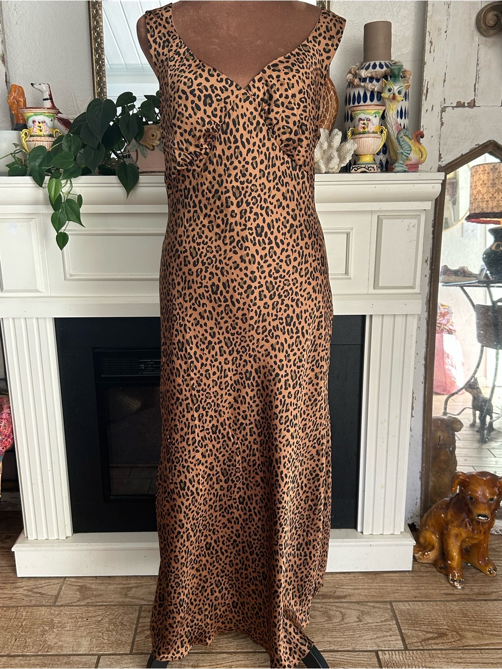 American Eagle satin Leopard Print V-Neck Slip Dress Medium